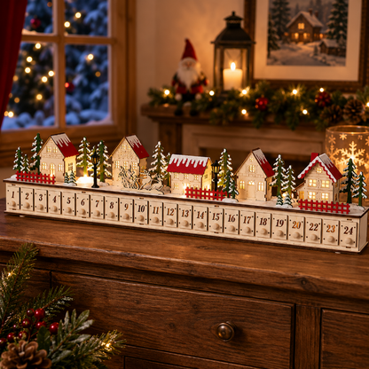 TYIIPRO™ Home Reflections Christmas Village Advent Calendar – DIY Wooden Countdown Decoration with LED Lights, Music & 24 Gift Drawers