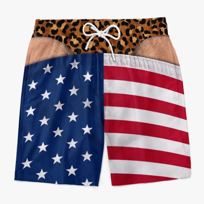 😄Funny Leopard‐Print Fake Denim Swim Shorts | Novelty Illusion Beach Trunks