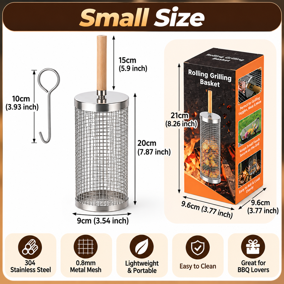 304 Stainless Steel Rolling Grill Basket with Heat Resistant Handle – BBQ Basket for Vegetables, Shrimp & Small Foods