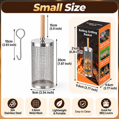 304 Stainless Steel Rolling Grill Basket with Heat Resistant Handle – BBQ Basket for Vegetables, Shrimp & Small Foods