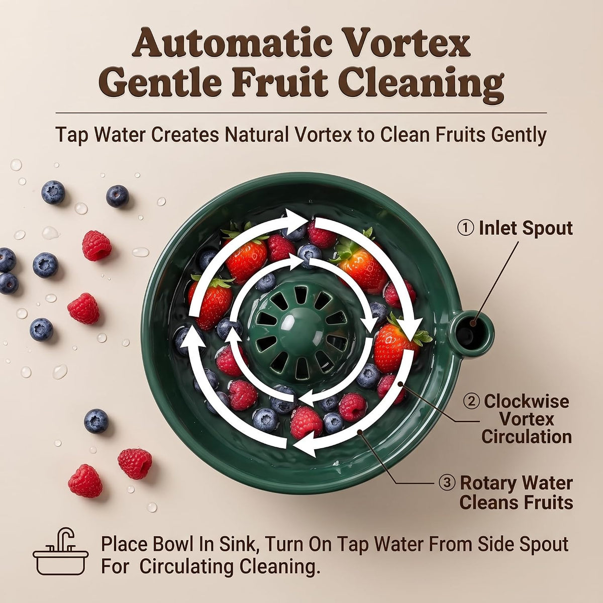 Handmade Ceramic Vortex Berry Washing Bowl – Self-Flowing Fruit Washer & Colander