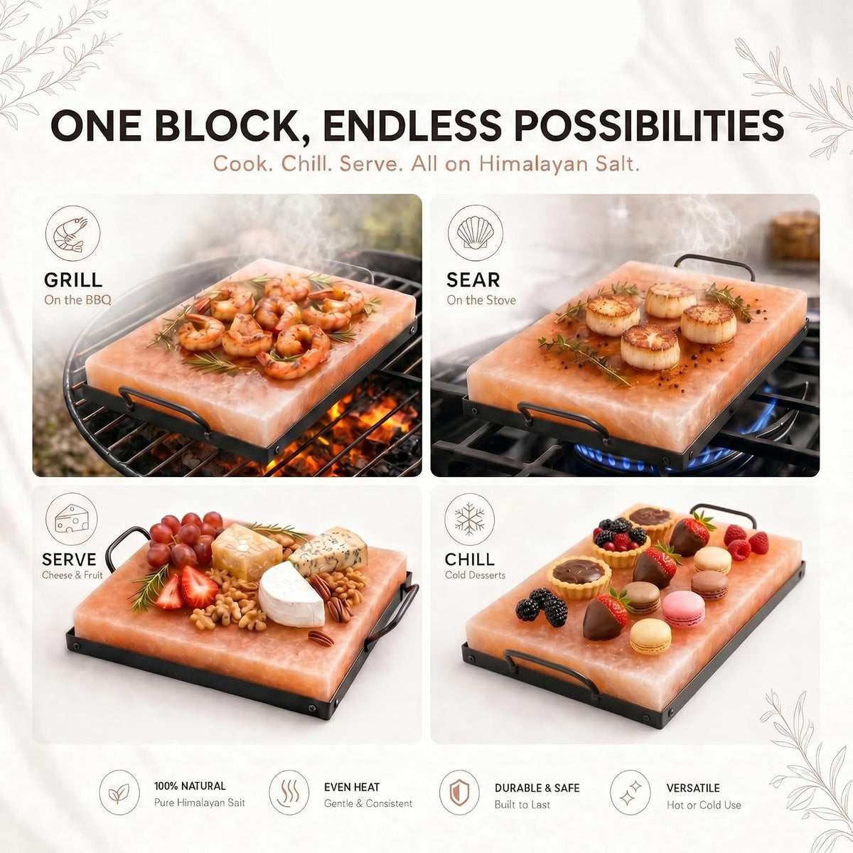 Himalayan Salt Block Cooking Plate – Natural Pink Himalayan Salt Cooking Stone for Grilling, Searing & Serving