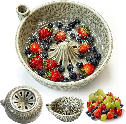 Handmade Ceramic Vortex Berry Washing Bowl – Self-Flowing Fruit Washer & Colander