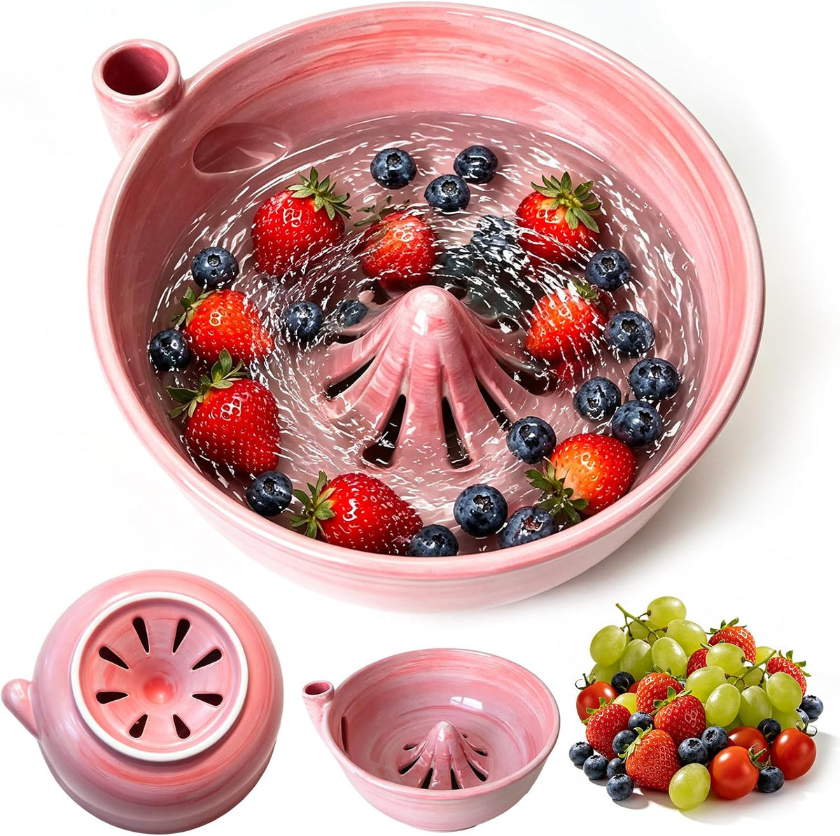Handmade Ceramic Vortex Berry Washing Bowl – Self-Flowing Fruit Washer & Colander