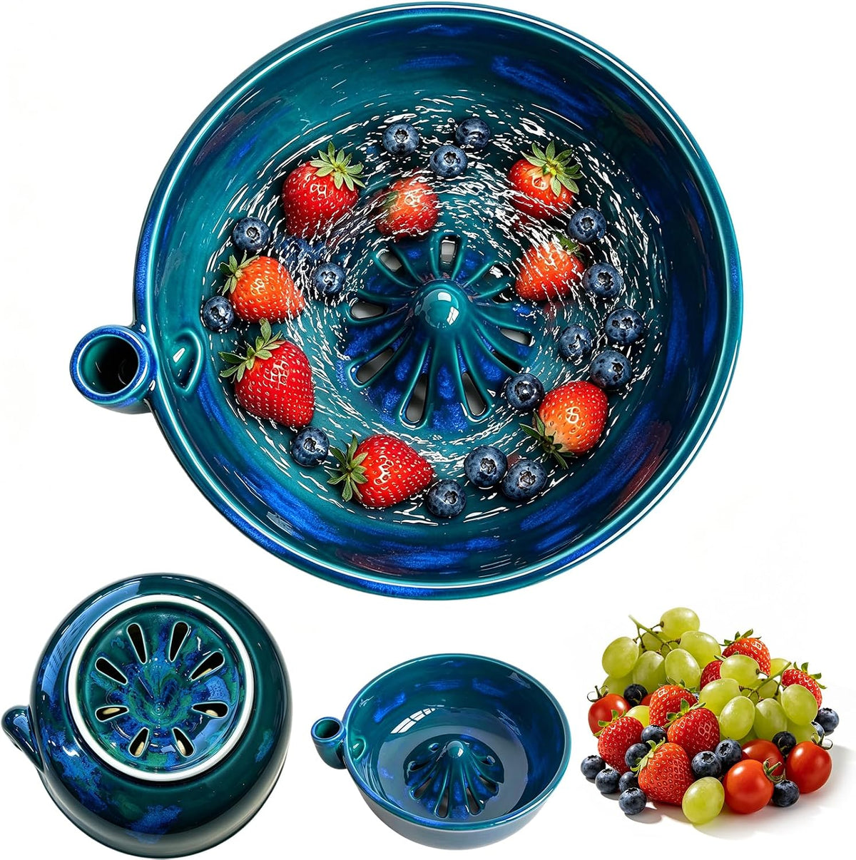 Handmade Ceramic Vortex Berry Washing Bowl – Self-Flowing Fruit Washer & Colander