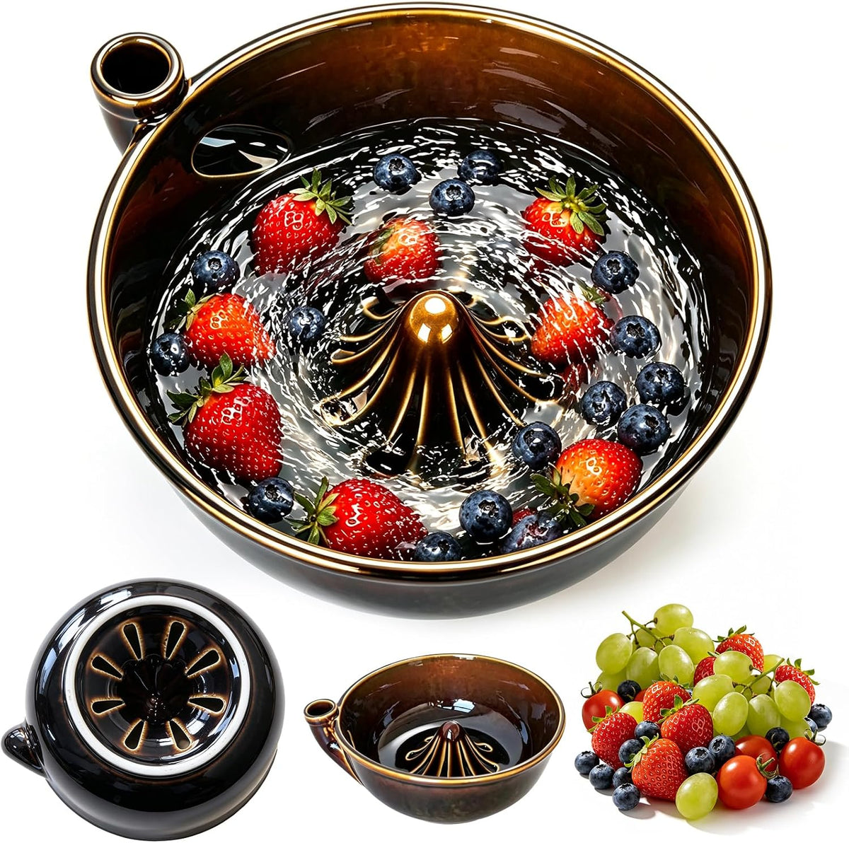 Handmade Ceramic Vortex Berry Washing Bowl – Self-Flowing Fruit Washer & Colander