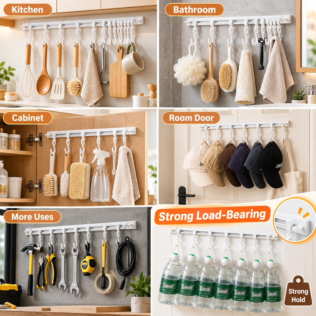 Punch-Free Sliding Track Hooks – Adjustable Wall-Mounted Organizer for Kitchen & Bathroom