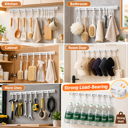 Punch-Free Sliding Track Hooks – Adjustable Wall-Mounted Organizer for Kitchen & Bathroom