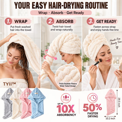 TYII™ Extra-Large 4-Corner Hair Drying Towel Wrap – Extra-Long Thick Microfiber Hair Cap for Long & Thick Hair