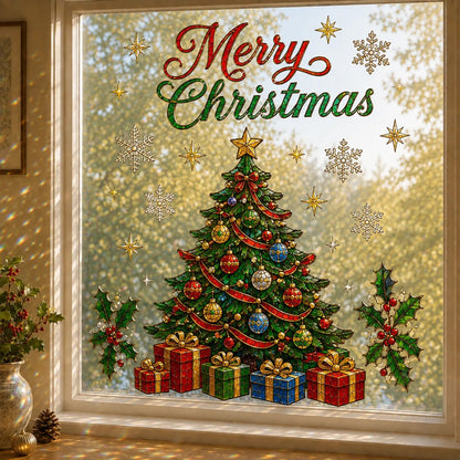 ✨ Holographic Christmas Window Cling – Sparkling Stained Glass Style Window Decoration