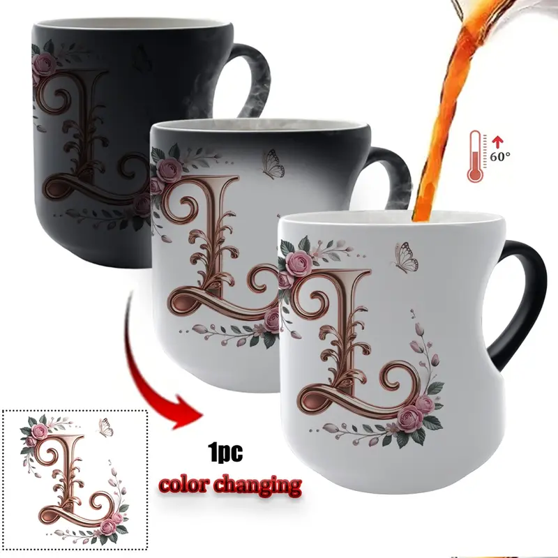 TYII™ Personalized Initial Color-Changing Mug – Heat-Reactive Floral Coffee Cup with Heart Handle, A–Z