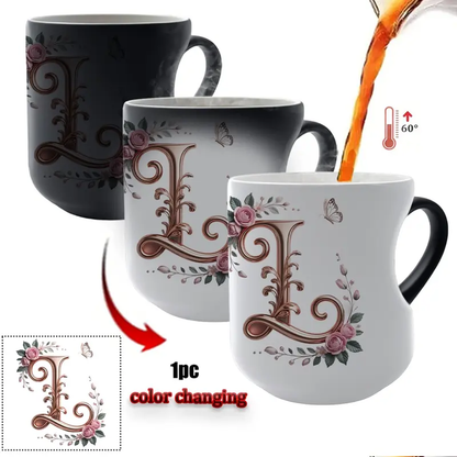 TYII™ Personalized Initial Color-Changing Mug – Heat-Reactive Floral Coffee Cup with Heart Handle, A–Z