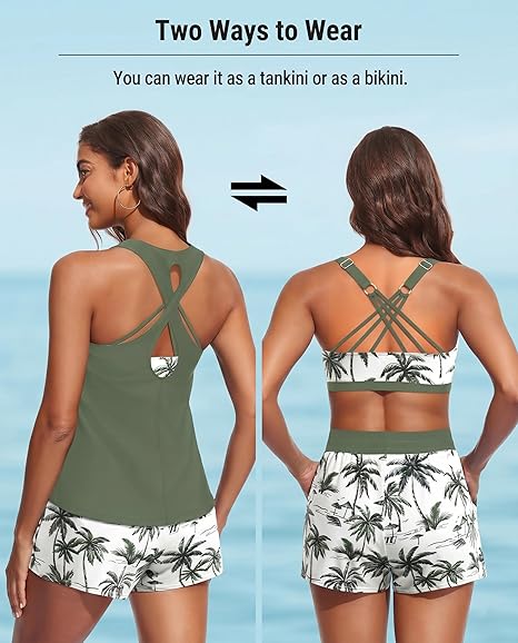 Women's 3-Piece Tankini Swimsuit Set with Pocket Shorts