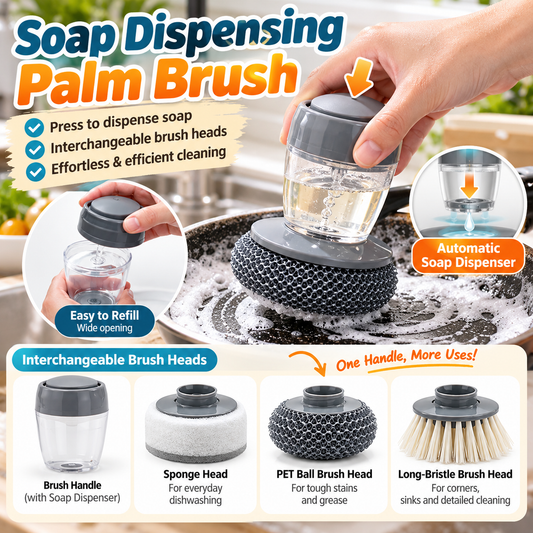 Soap Dispensing Palm Brush with Interchangeable Heads – Refillable Dish Scrubber for Kitchen Cleaning