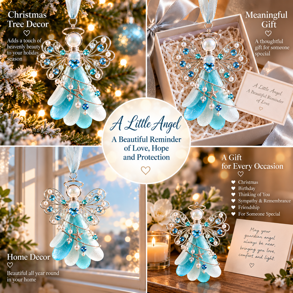 TYII™ Guardian Angel Sea Glass Ornament – Ocean Blue Crystal Angel Christmas Tree Decoration, Meaningful Keepsake Gift
