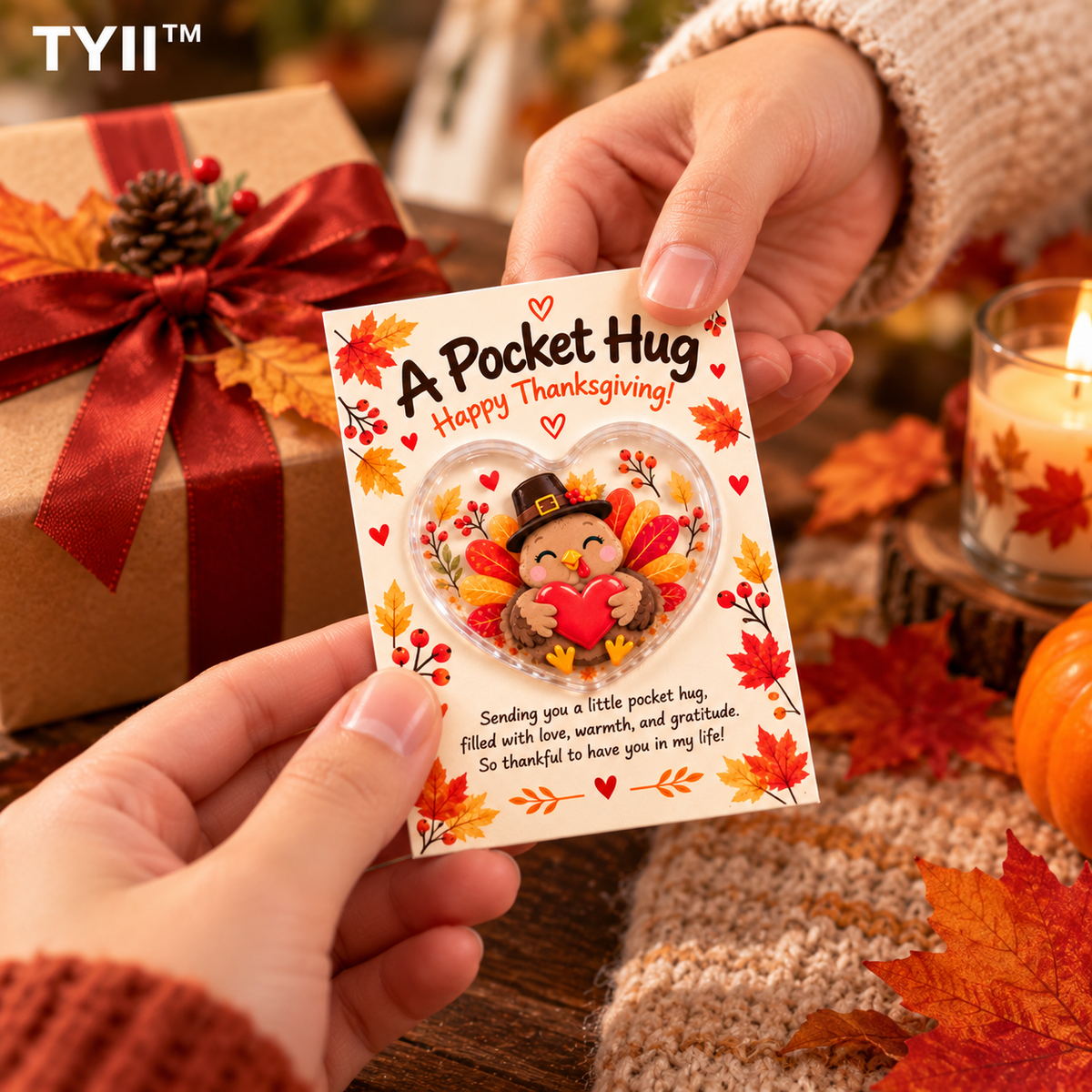 TYII™ Thanksgiving Turkey Pocket Hug – Heart-Shaped Acrylic Keepsake with Greeting Card, Cute Thanksgiving Appreciation Gift