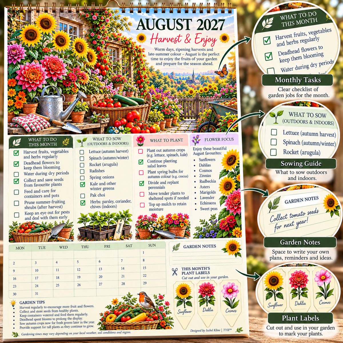 2027 Four Seasons Gardening Calendar & Monthly Planner – A4 Wall Calendar with Planting Guide, Garden Tasks & Plant Labels | TYII™