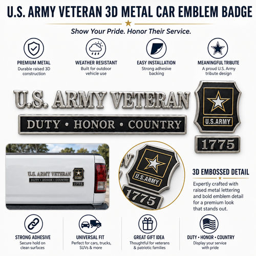 🇺🇸 U.S. Army Veteran Duty Honor Country Car Emblem Metal Badge