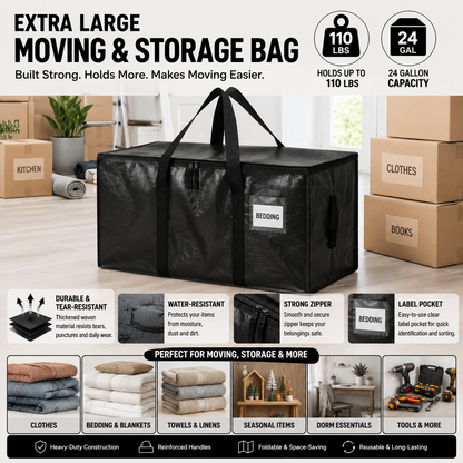 Extra Large Moving Storage Bags – 24 Gallon Capacity, Up to 110 Lbs, Heavy-Duty Zippered Bags with Handles