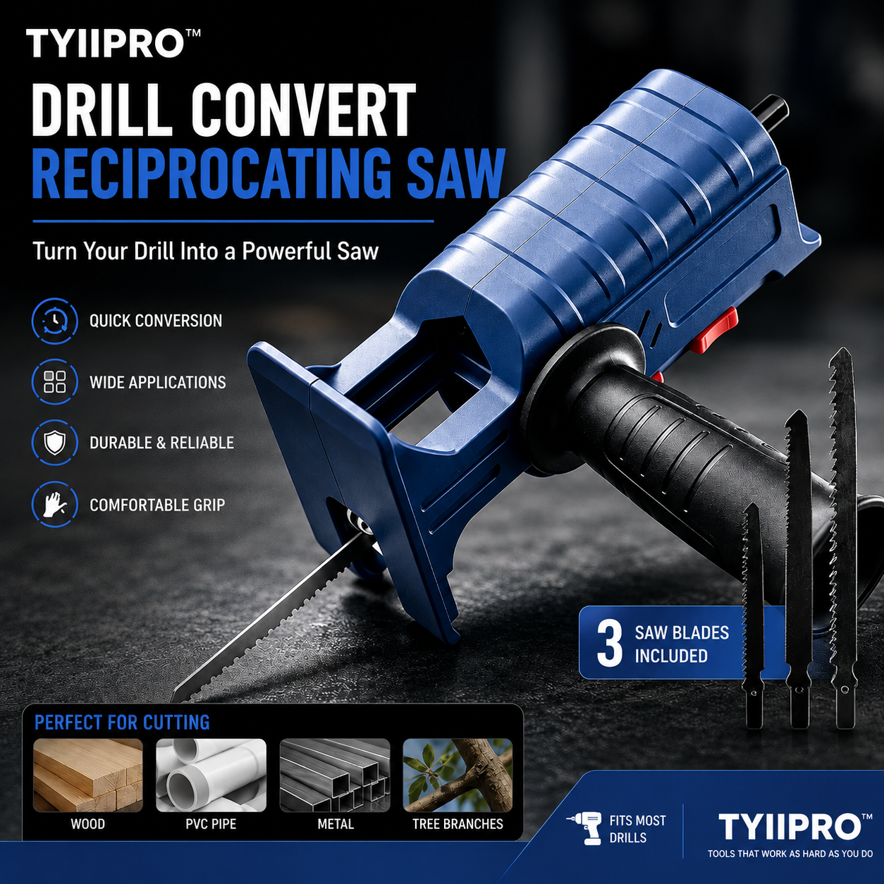 TYIIPRO™ New Drill to Reciprocating Saw Adapter – Electric Drill Conversion Attachment with 3 Saw Blades | Free Shipping