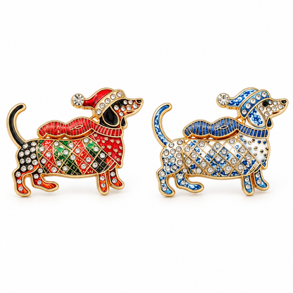 Limited Edition Christmas Dachshund Brooch – Rhinestone Enamel Sausage Dog Holiday Pin
