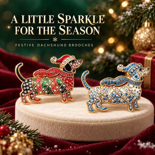 Limited Edition Christmas Dachshund Brooch – Rhinestone Enamel Sausage Dog Holiday Pin