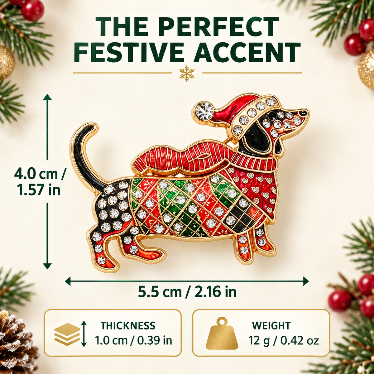 Limited Edition Christmas Dachshund Brooch – Rhinestone Enamel Sausage Dog Holiday Pin