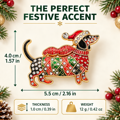 Limited Edition Christmas Dachshund Brooch – Rhinestone Enamel Sausage Dog Holiday Pin