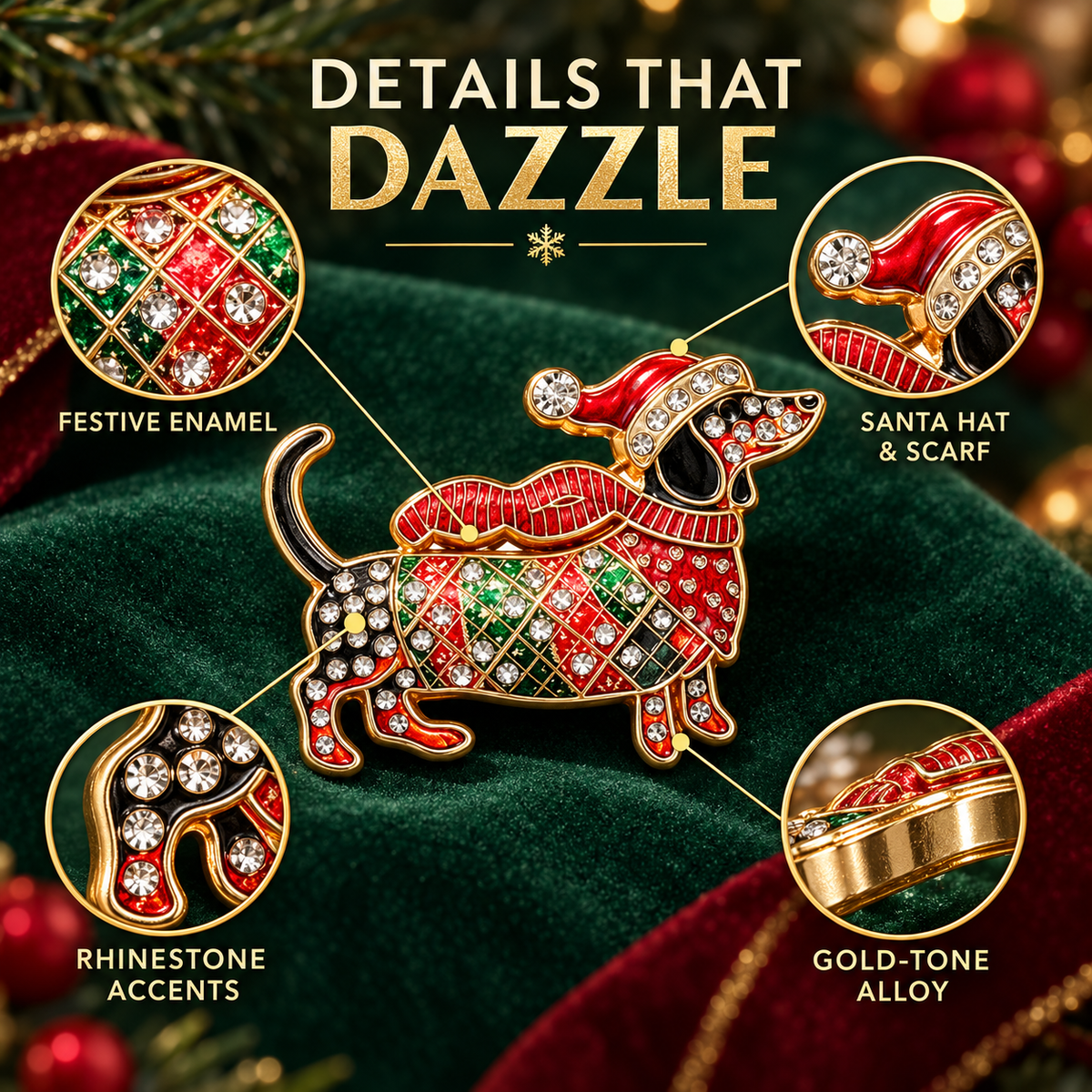 Limited Edition Christmas Dachshund Brooch – Rhinestone Enamel Sausage Dog Holiday Pin