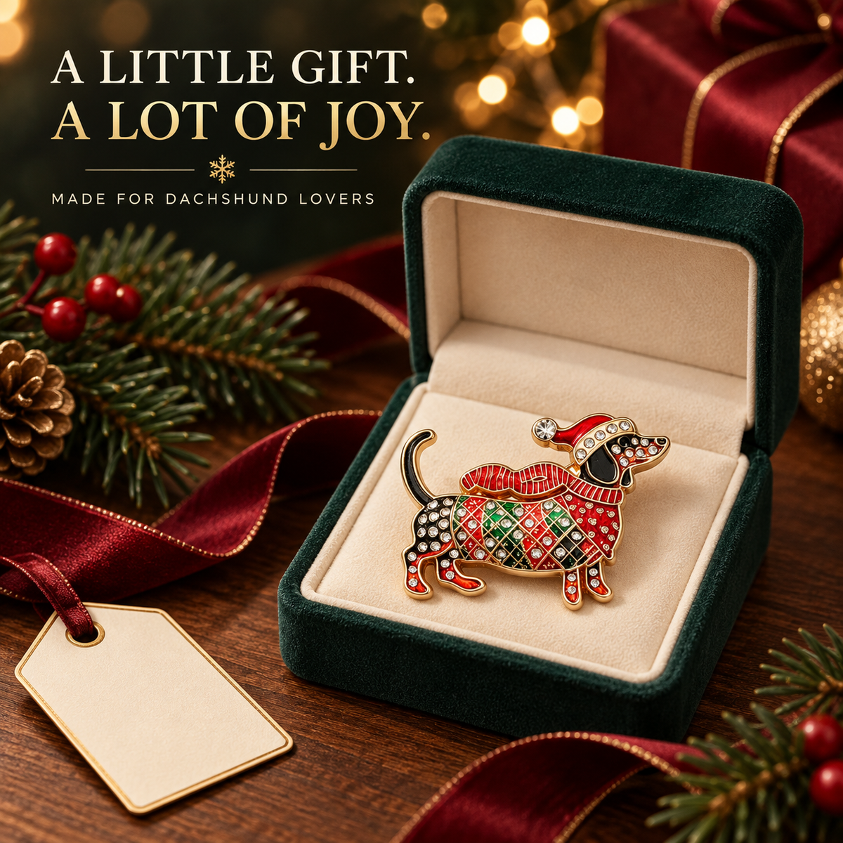 Limited Edition Christmas Dachshund Brooch – Rhinestone Enamel Sausage Dog Holiday Pin