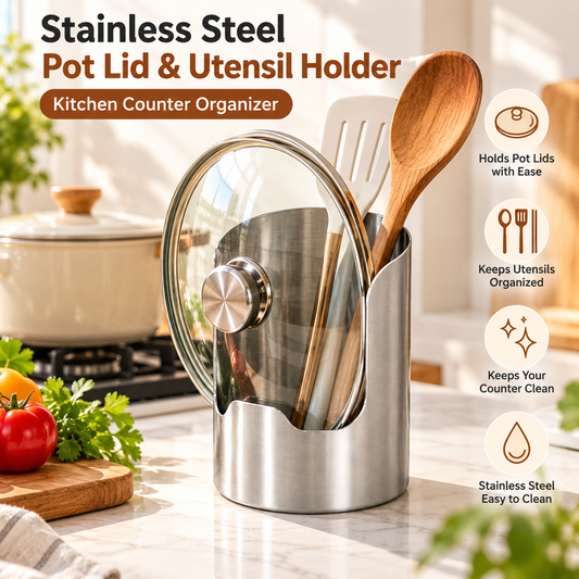 TYIIPRO™Stainless Steel Pot Lid & Utensil Holder – Kitchen Counter Organizer