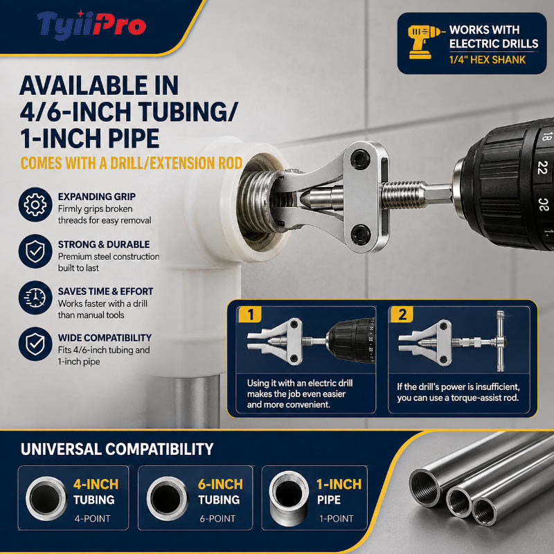 TYIIPRO Drill-Powered Broken Pipe Thread Extractor – Universal 1/2", 3/4" & 1" Broken Pipe Nipple Remover Tool