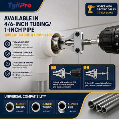TYIIPRO Drill-Powered Broken Pipe Thread Extractor – Universal 1/2", 3/4" & 1" Broken Pipe Nipple Remover Tool