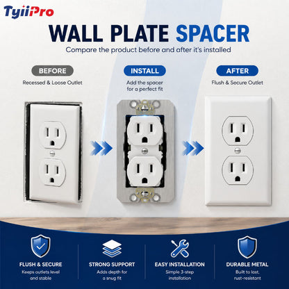 TYIIPRO™ Wall Plate Spacers for Electrical Outlets – Heavy-Duty Metal Outlet Leveling Plates for Loose, Recessed & Crooked Boxes