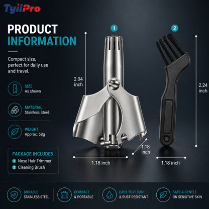 TYIIPRO™ Manual Nose Hair Trimmer – Stainless Steel 360° Trimmer, Waterproof & No Battery Required
