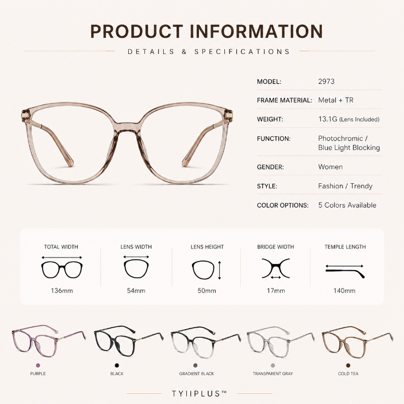 Women's Photochromic Prescription Glasses – Oversized Fashion Frames with Blue Light Protection