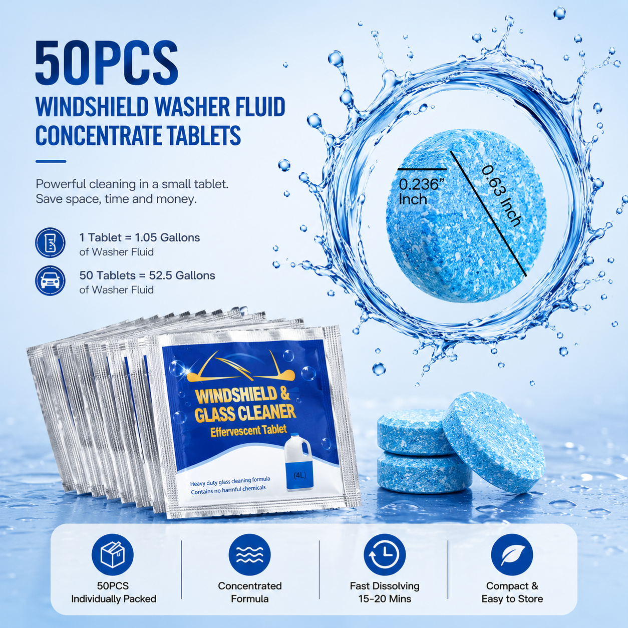 TYIIPRO™ 50-Pack Windshield Washer Fluid Concentrate Tablets – Portable Wiper Cleaning Tablets