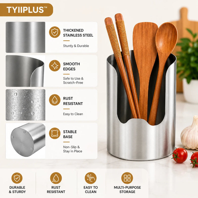 TYIIPRO™ Thickened Stainless Steel Utensil Holder – Rust-Resistant Kitchen Countertop Organizer for Spoons, Spatulas, Chopsticks & Multi-Purpose Storage