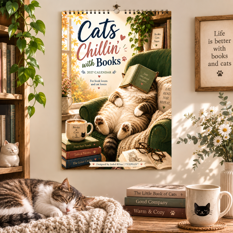 Cats Chillin' with Books™ 2027 Wall Calendar | A4 Cozy Cat & Book Lover Calendar | Designed by Isabel Kline