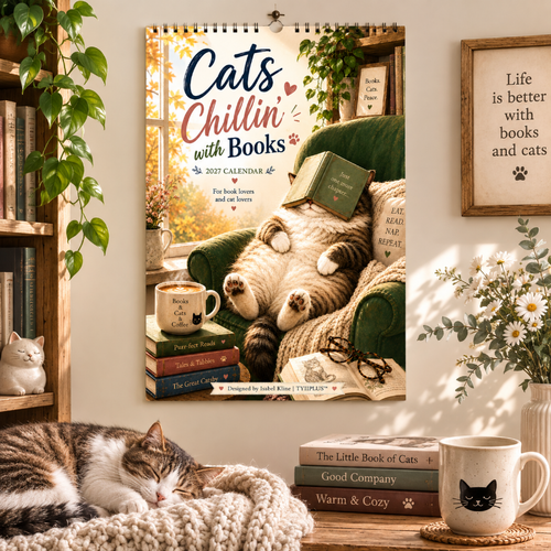 Cats Chillin' with Books™ 2027 Wall Calendar | A4 Cozy Cat & Book Lover Calendar | Designed by Isabel Kline