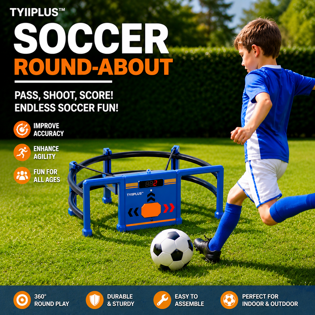 Soccer Round-About Interactive Soccer Training Game with Auto Scoring, LED Lights & Projector – Indoor & Outdoor Soccer Toy for Kids