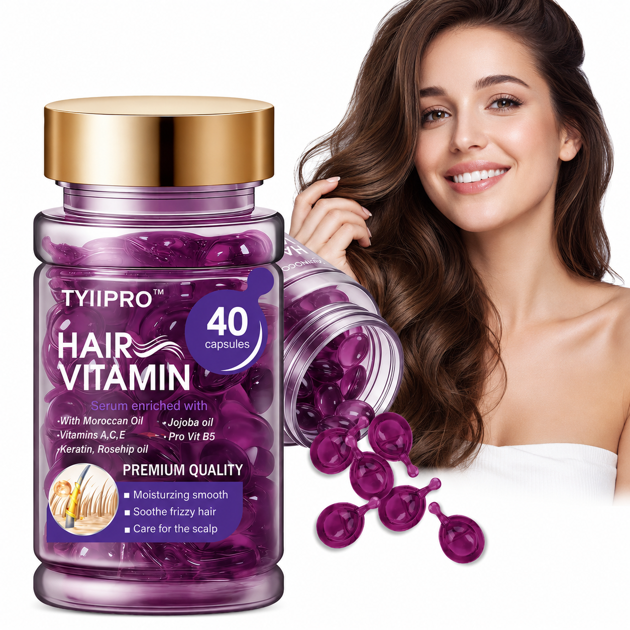TYIIPRO™ Hair Vitamin Serum Capsules – Argan Oil Frizz Control & Shine Care for Dry, Color-Treated Hair, 40 Capsules