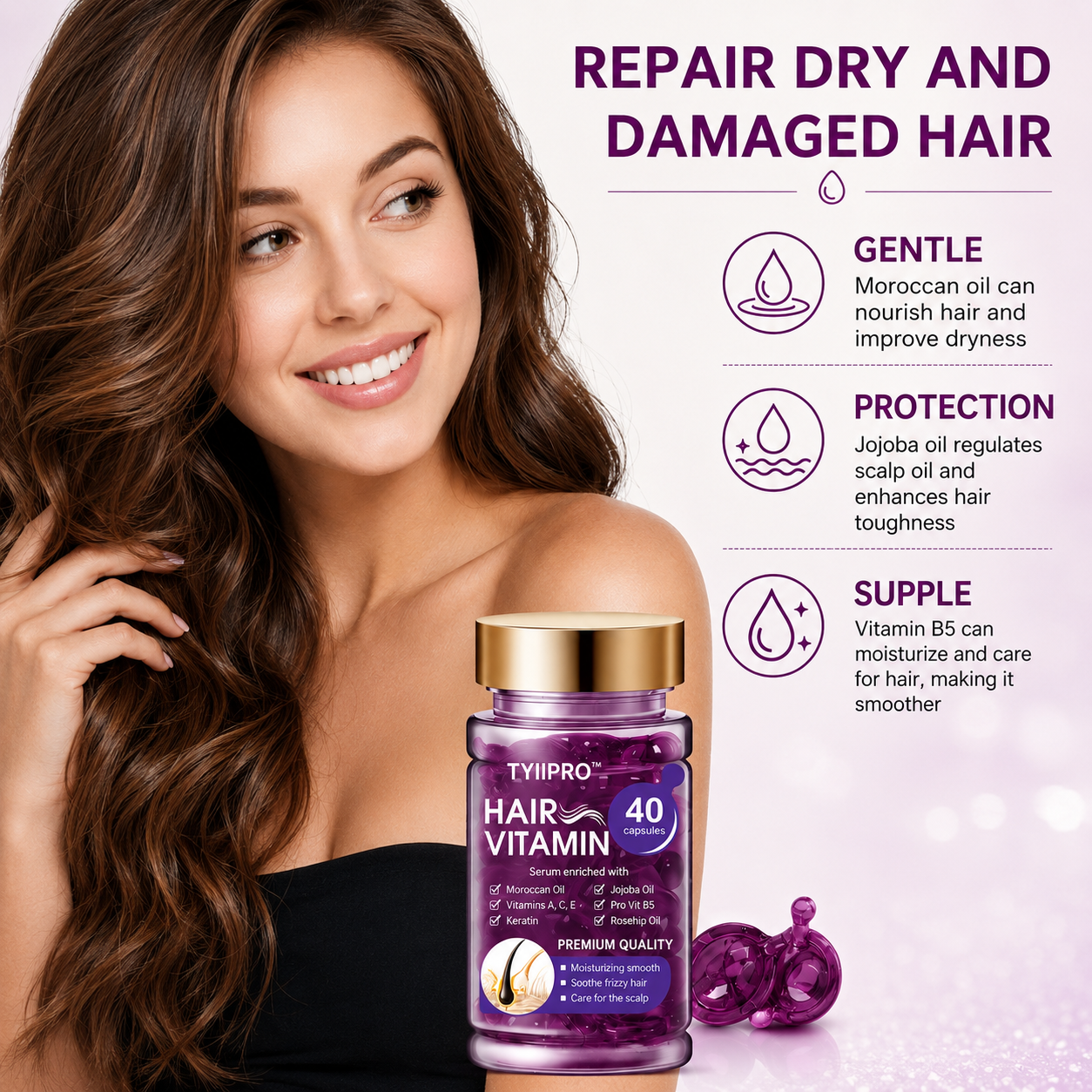 TYIIPRO™ Hair Vitamin Serum Capsules – Argan Oil Frizz Control & Shine Care for Dry, Color-Treated Hair, 40 Capsules
