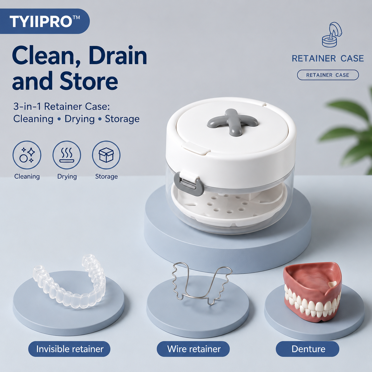 TYIIPRO™ 3-in-1 Retainer Cleaner Case with Drain Tray, Mirror & Cleaning Brush