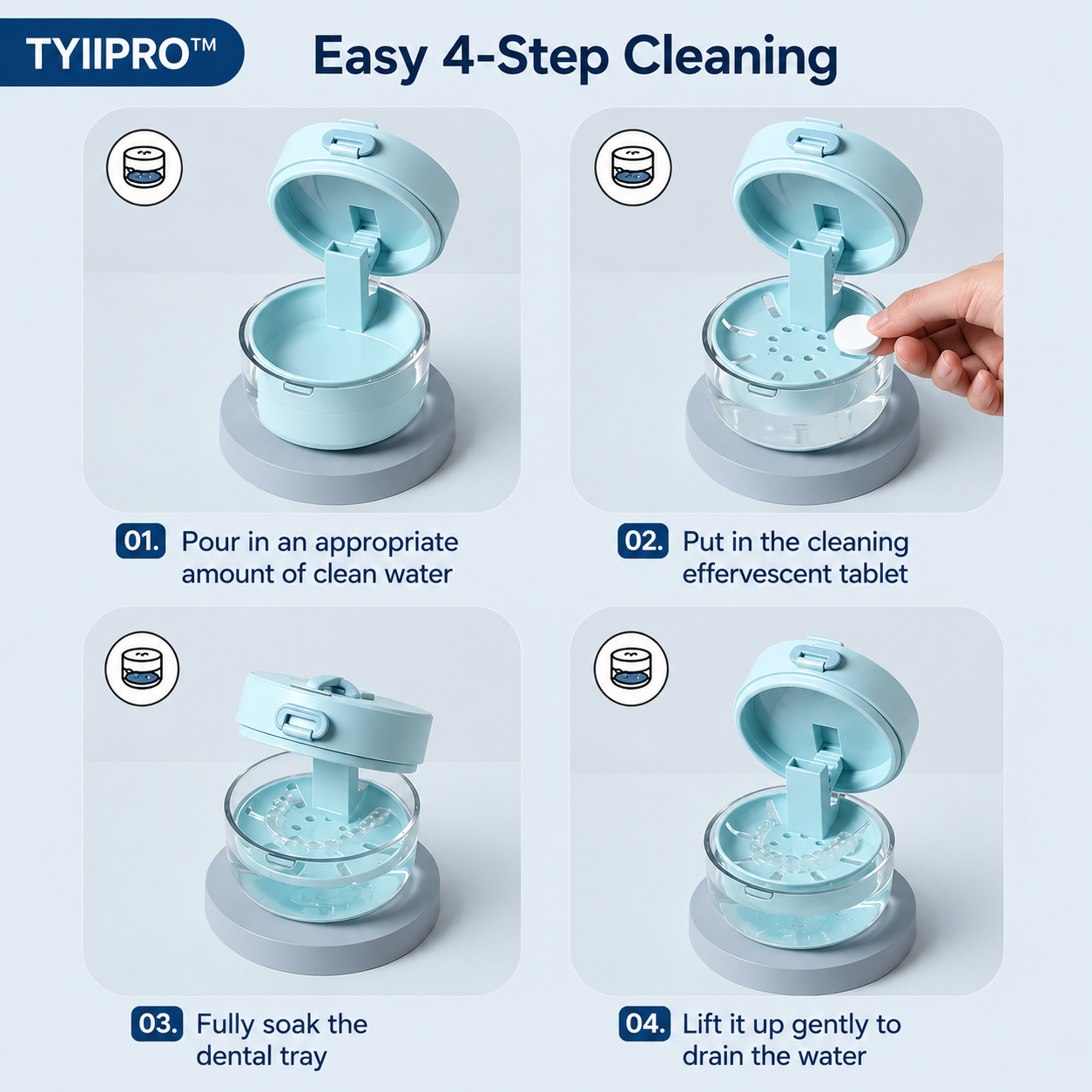 TYIIPRO™ 3-in-1 Retainer Cleaner Case with Drain Tray, Mirror & Cleaning Brush