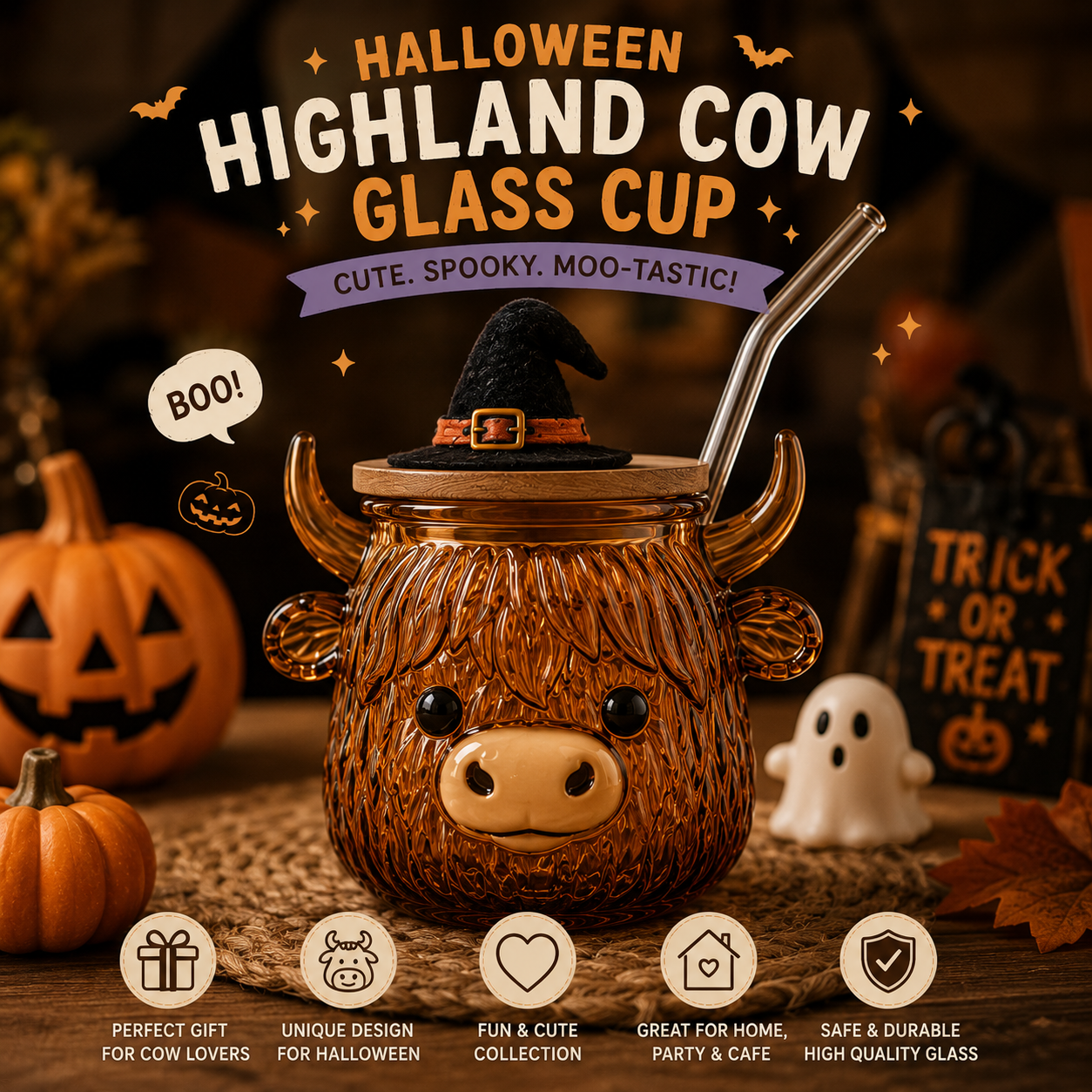 🎃 Halloween Glass Cup Collection – Highland Cow, Ghost & Pumpkin | 12oz Glass Cup with Wooden Lid & Straw