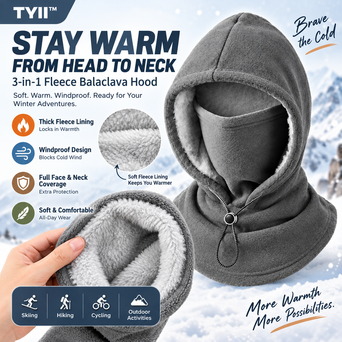TYII™ 3-in-1 Fleece Balaclava Hood – Windproof Full Face Cover, Neck Gaiter & Winter Ski Mask
