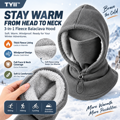 TYII™ 3-in-1 Fleece Balaclava Hood – Windproof Full Face Cover, Neck Gaiter & Winter Ski Mask
