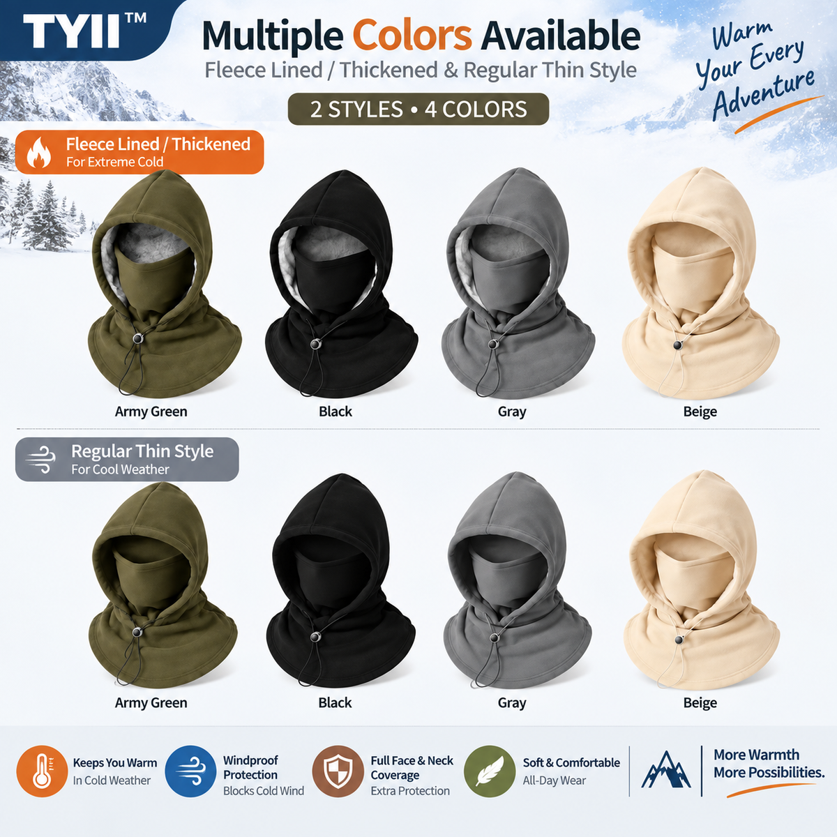 TYII™ 3-in-1 Fleece Balaclava Hood – Windproof Full Face Cover, Neck Gaiter & Winter Ski Mask