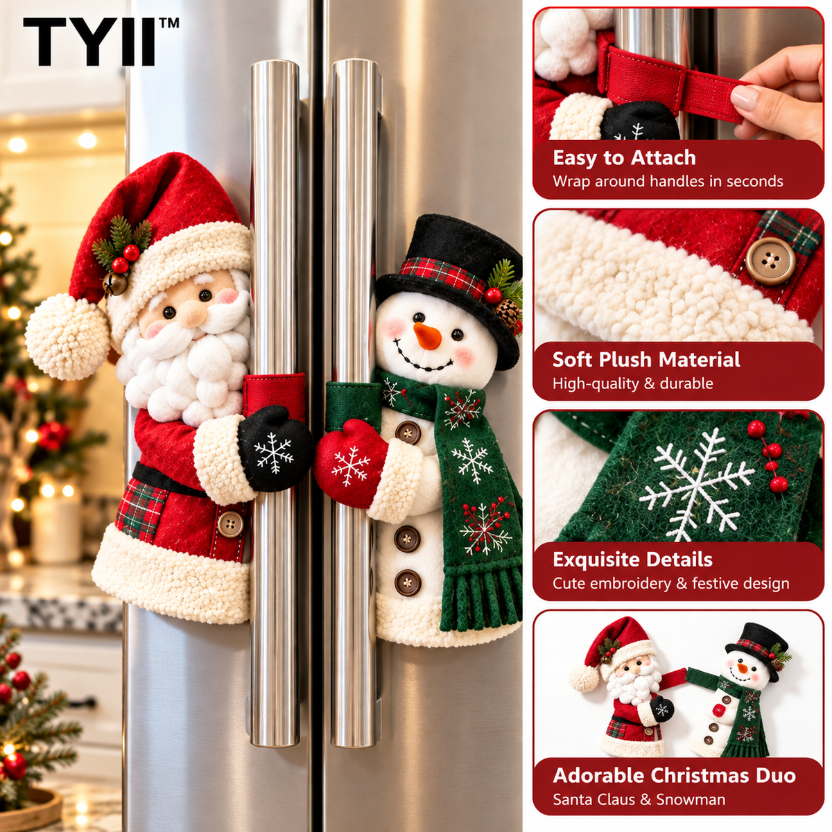 TYII™ Christmas Refrigerator Handle Covers – Santa & Snowman Plush Fridge Handle Decorations